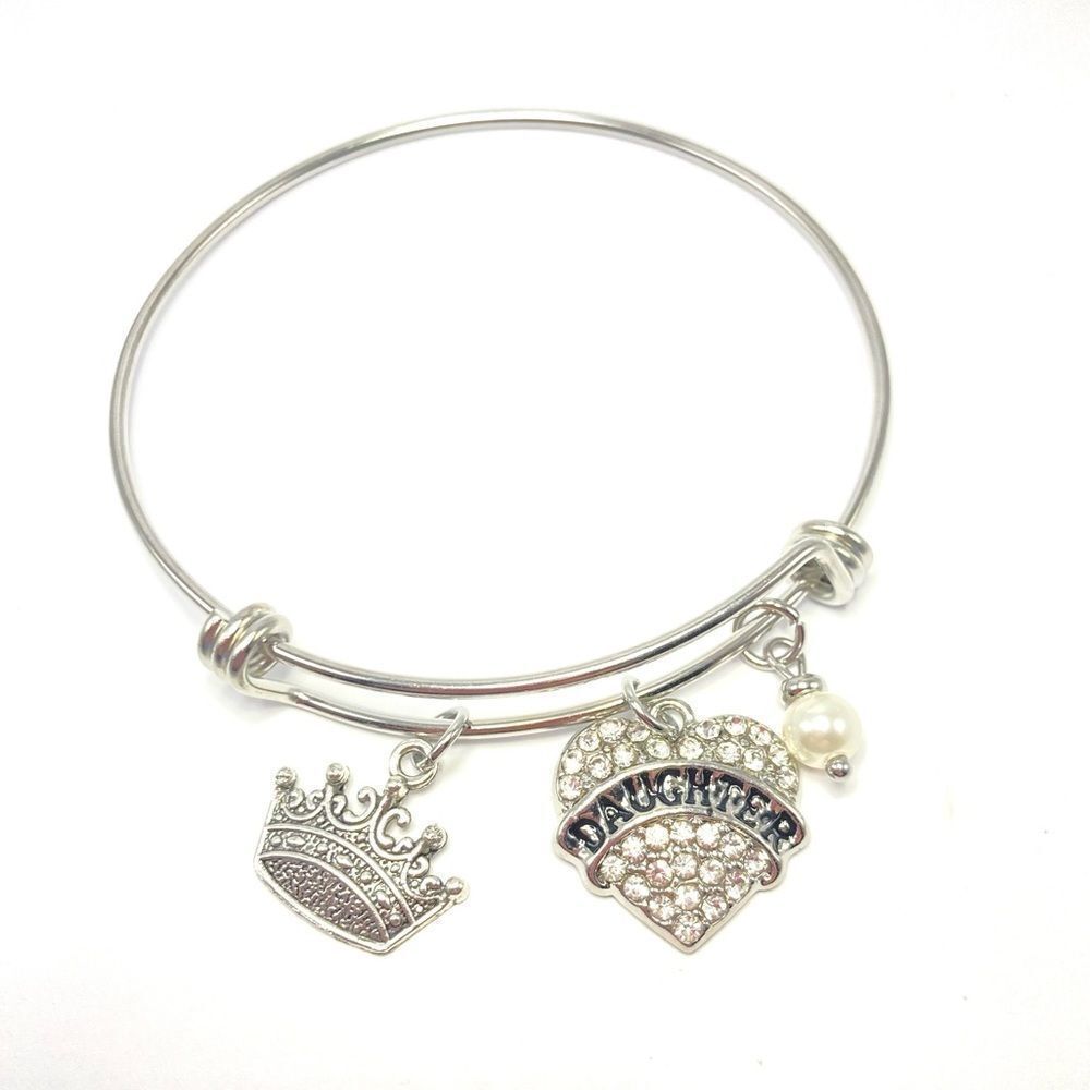 Silver Daughter Heart and Crown Charm Bangle Bracelet